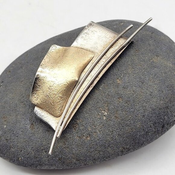 ED LEVIN 14K GOLD STERLING SILVER STUDIO ARTISAN MODERNIST SCULPTURE BROOCH PIN - Picture 6 of 7
